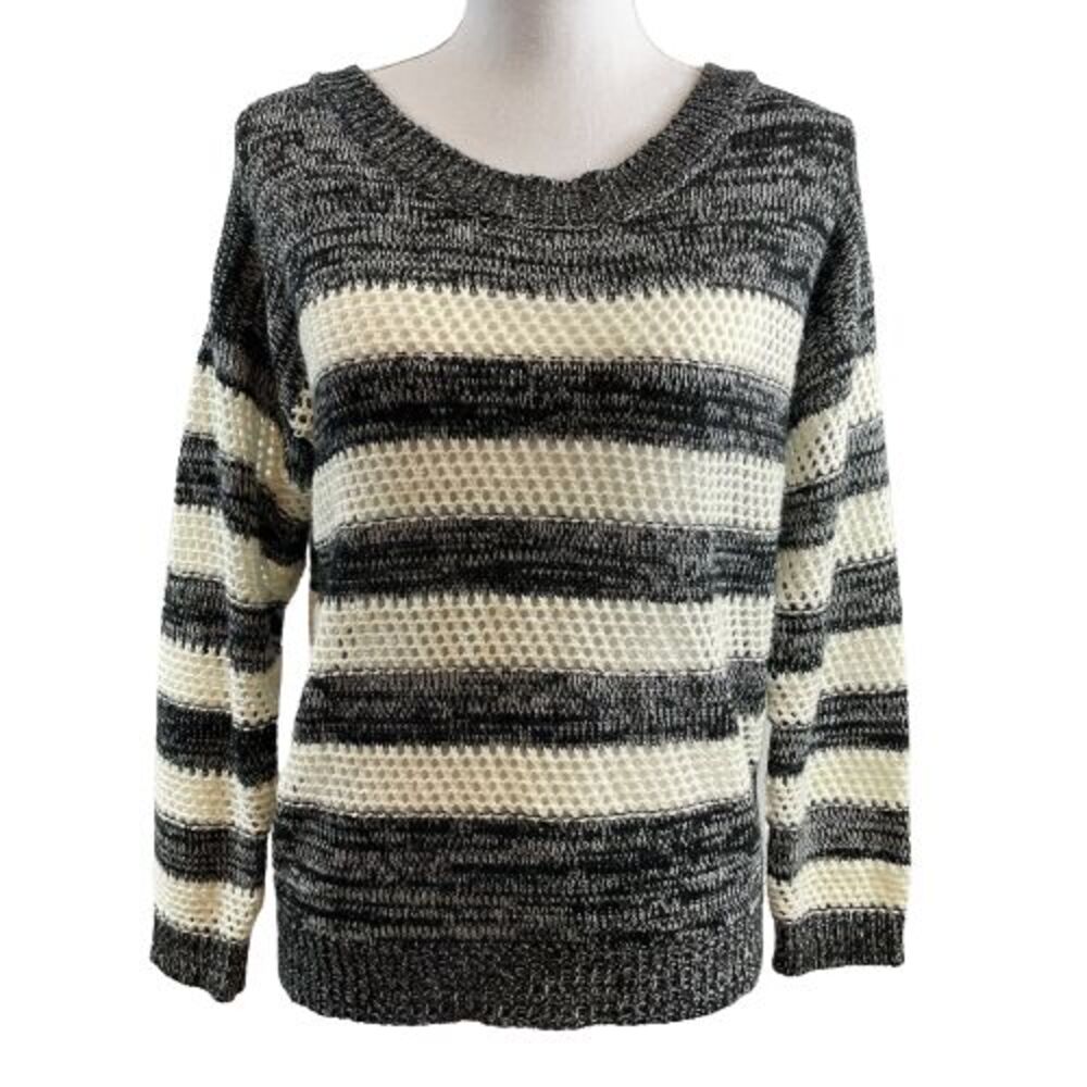 MINE Women's M Black & White Striped Open Weave Boat Neck Sweater